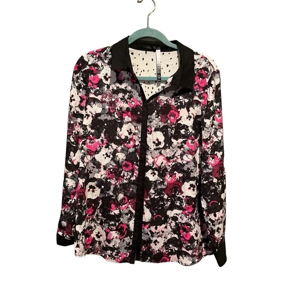 Kensie Button Dow Shirt  Women's Size L‎ Black Floral Collared Polyester Top